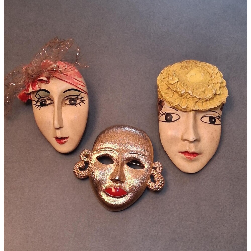 Vintage Lady Face Brooches M Jent & Composition